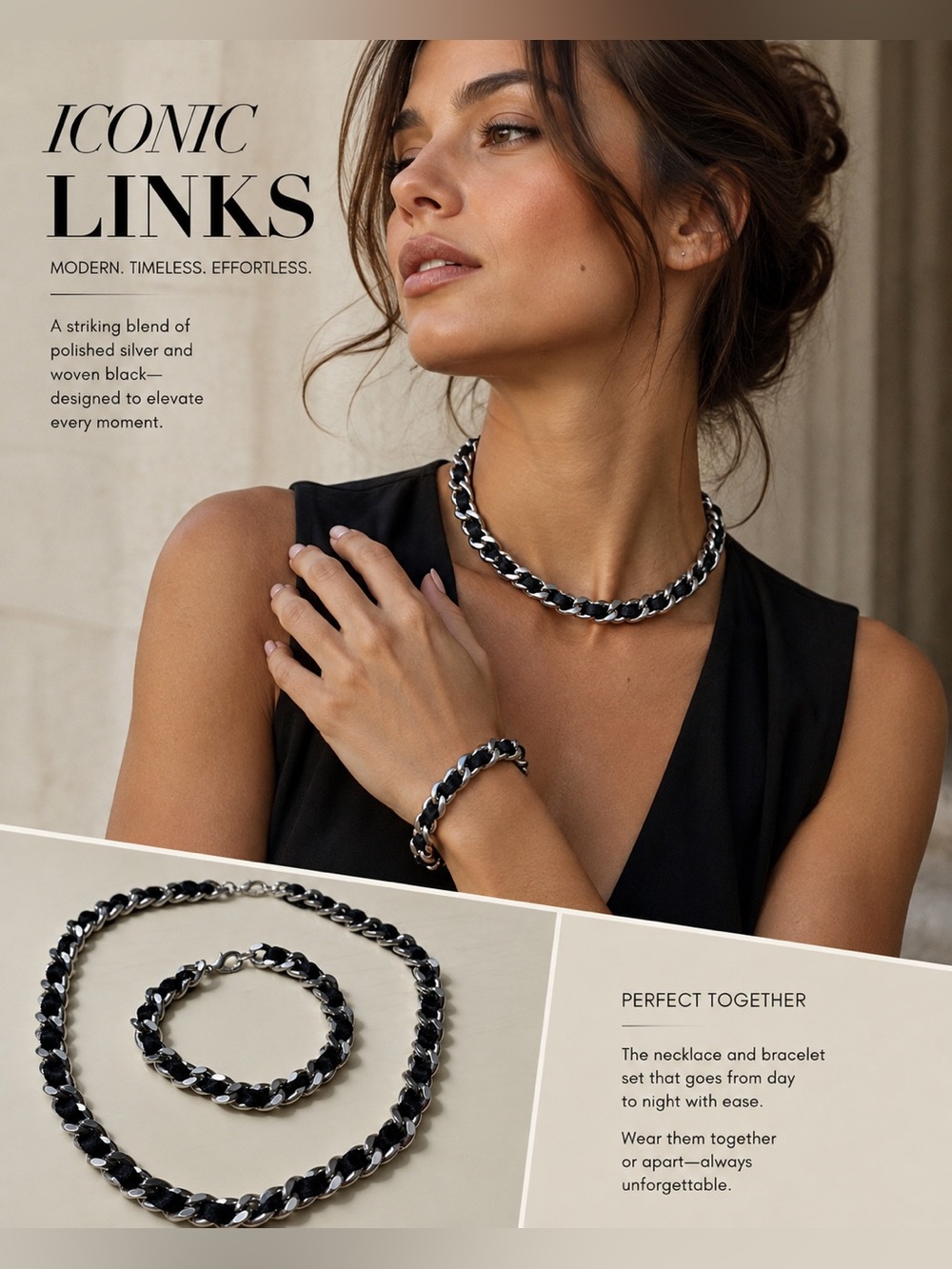 Classic Chunky Chain Necklace in Sterling Silver & Black Ribbon Weaved- Women’s